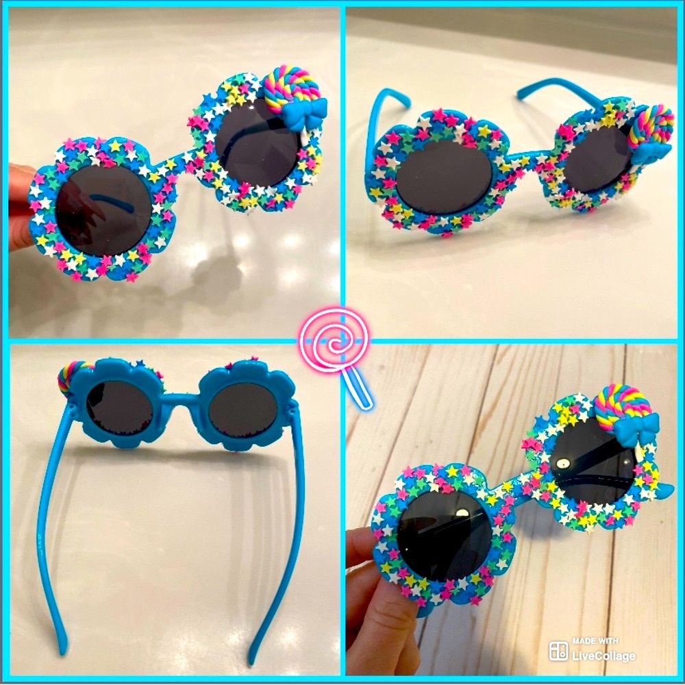Girls electric blue flower shaped sunglasses